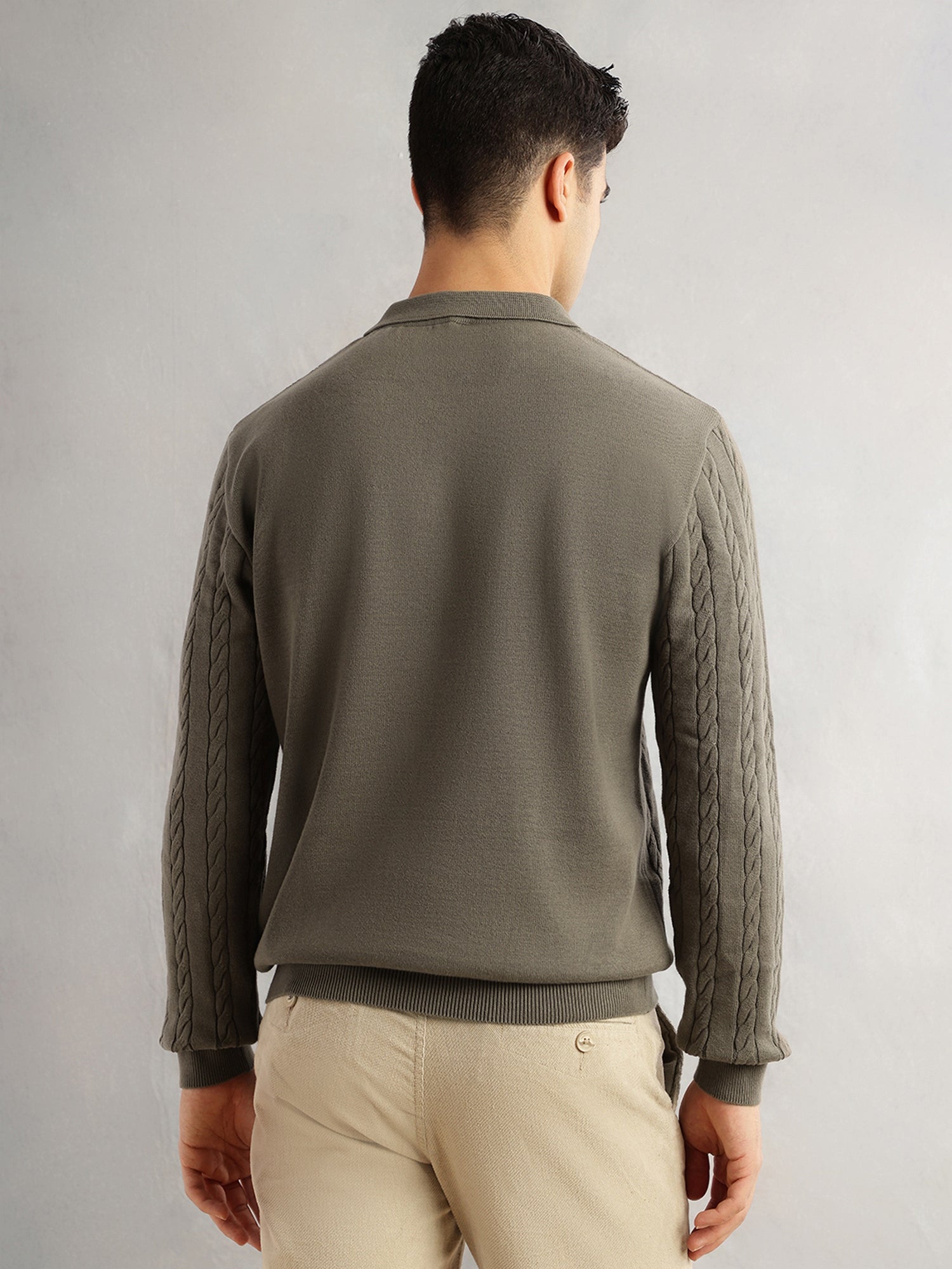 Thomas Scott Men Olive Regular Fit Long Sleeves Self Design 100% Cotton Polo Collar Knitted Tshirt