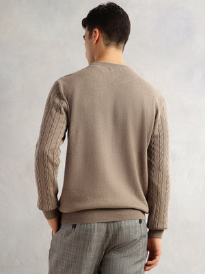 Thomas Scott Men Beige Regular Fit Long Sleeves Round Neck Self Design 100% Cotton Cable Knitted Pullover Sweater