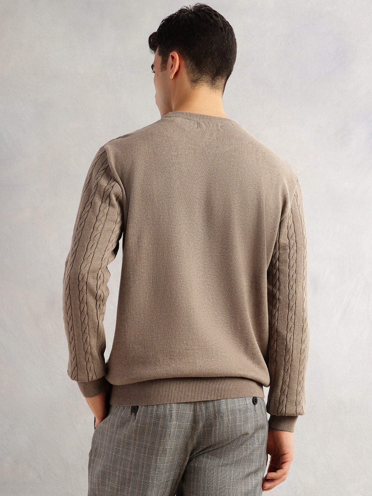 Thomas Scott Men Beige Regular Fit Long Sleeves Round Neck Self Design 100% Cotton Cable Knitted Pullover Sweater