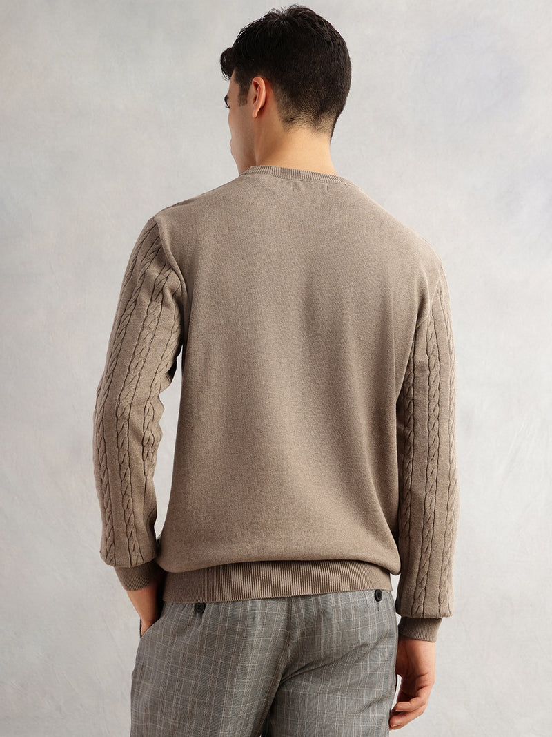 Thomas Scott Men Beige Regular Fit Long Sleeves Round Neck Self Design 100% Cotton Cable Knitted Pullover Sweater