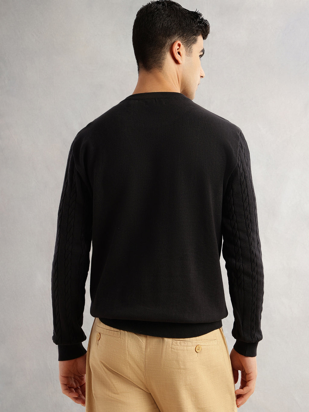 Thomas Scott Men Black Regular Fit Long Sleeves Round Neck Self Design 100% Cotton Cable Knitted Pullover Sweater