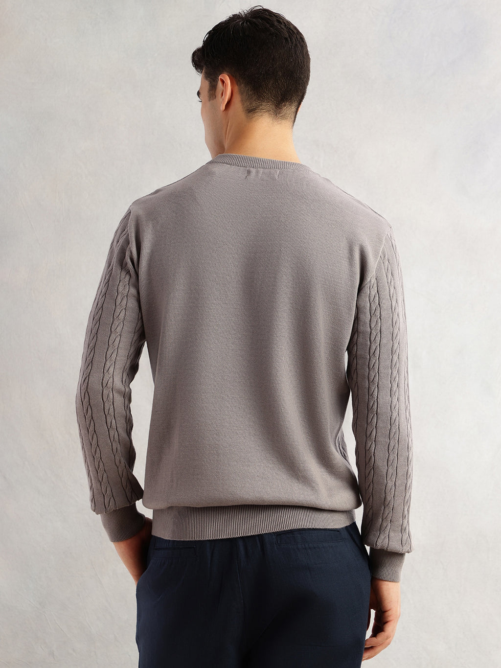 Thomas Scott Men Grey Regular Fit Long Sleeves Round Neck Self Design 100% Cotton Cable Knitted Pullover Sweater
