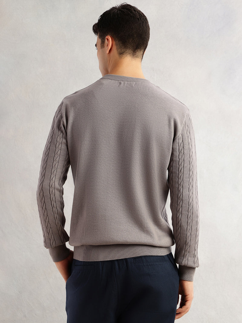 Thomas Scott Men Grey Regular Fit Long Sleeves Round Neck Self Design 100% Cotton Cable Knitted Pullover Sweater