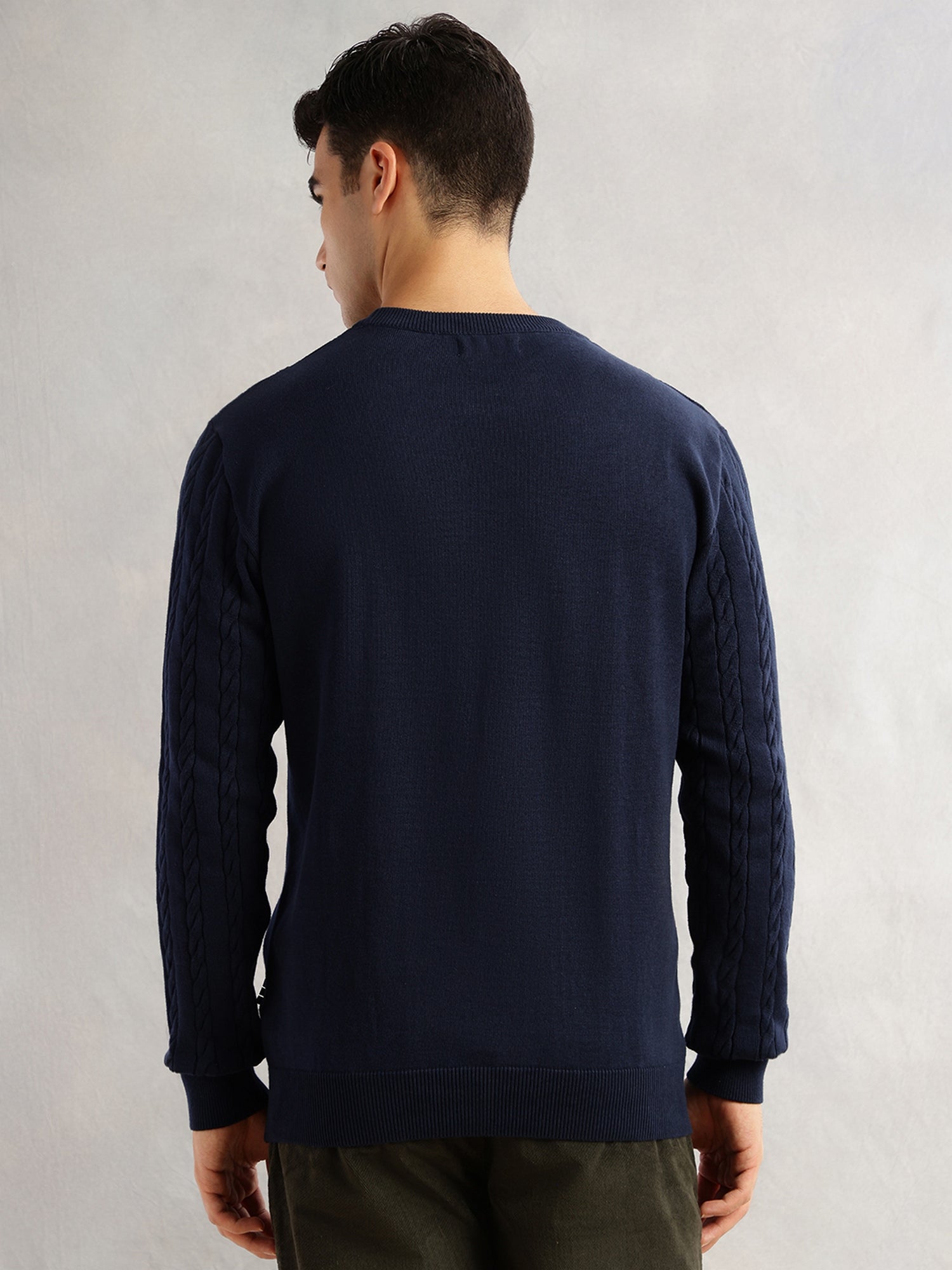 Thomas Scott Men Navy Regular Fit Long Sleeves Round Neck Self Design 100% Cotton Cable Knitted Pullover Sweater