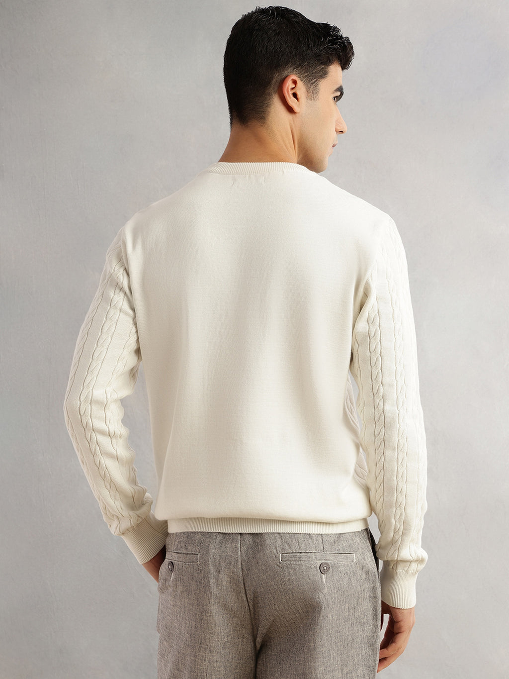 Thomas Scott Men White Regular Fit Long Sleeves Round Neck Self Design 100% Cotton Cable Knitted Pullover Sweater