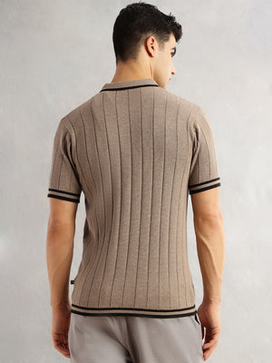 Thomas Scott Men Beige Regular Fit Short Sleeves Striped 100% Cotton Knitted Cardigan Sweater