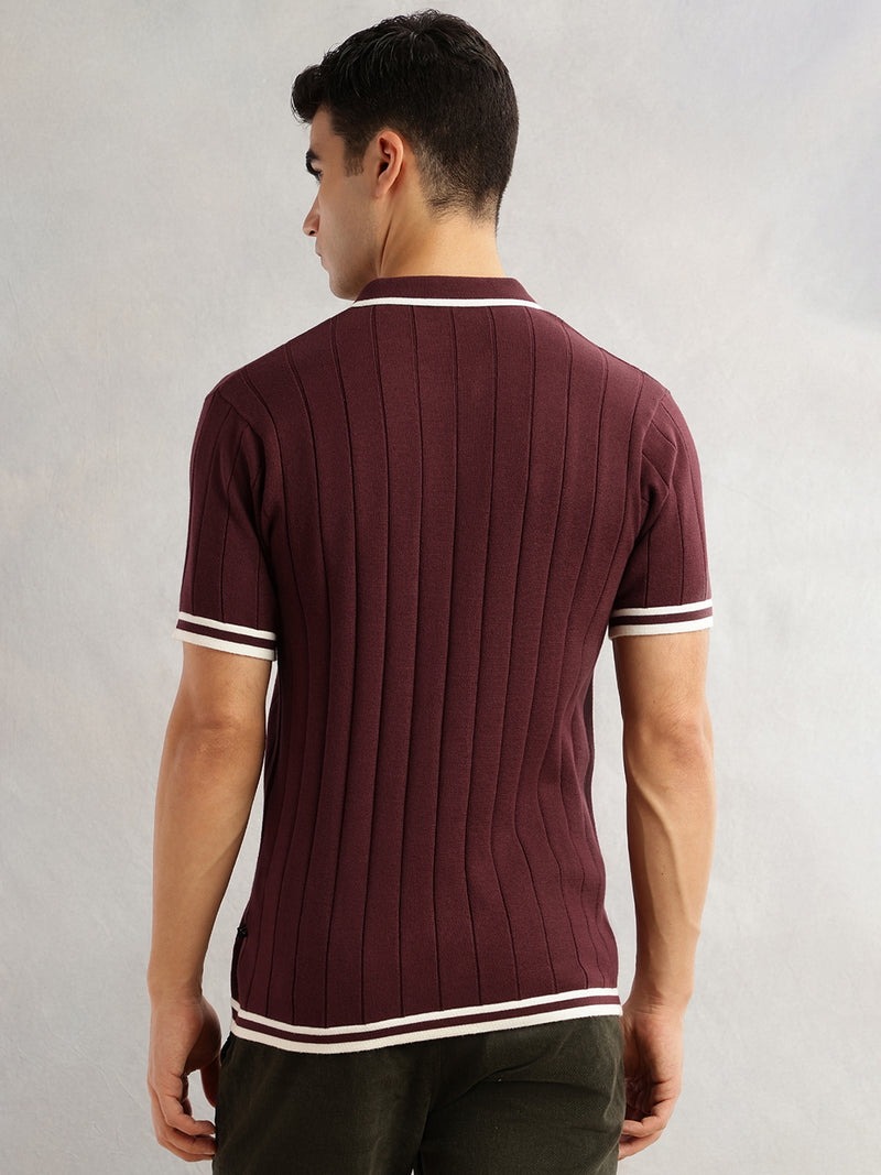 Thomas Scott Men Maroon Regular Fit Short Sleeves Striped 100% Cotton Knitted Cardigan Sweater