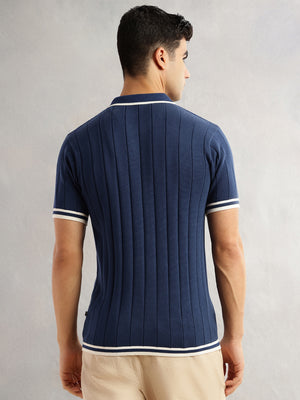 Navy Regular Fit Short Sleeves Striped 100% Cotton Knitted Cardigan Sweater For Men