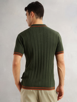 Thomas Scott Men Olive Regular Fit Short Sleeves Striped 100% Cotton Knitted Cardigan Sweater