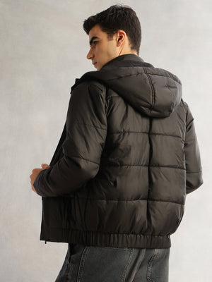 Thomas Scott Men Black Regular Fit Long Sleeves 2 Pockets Polyester Knitted Hooded Puffer Jacket