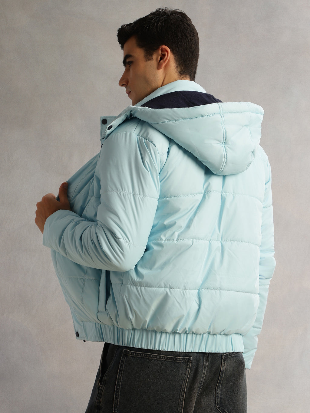 Thomas Scott Men SkyBlue Regular Fit Long Sleeves 2 Pockets Polyester Knitted Hooded Puffer Jacket