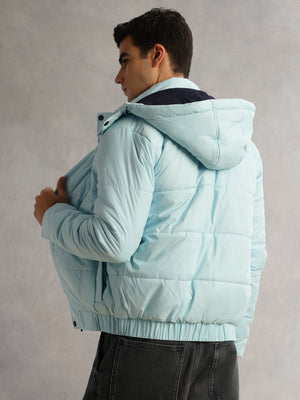 Thomas Scott Men SkyBlue Regular Fit Long Sleeves 2 Pockets Polyester Knitted Hooded Puffer Jacket