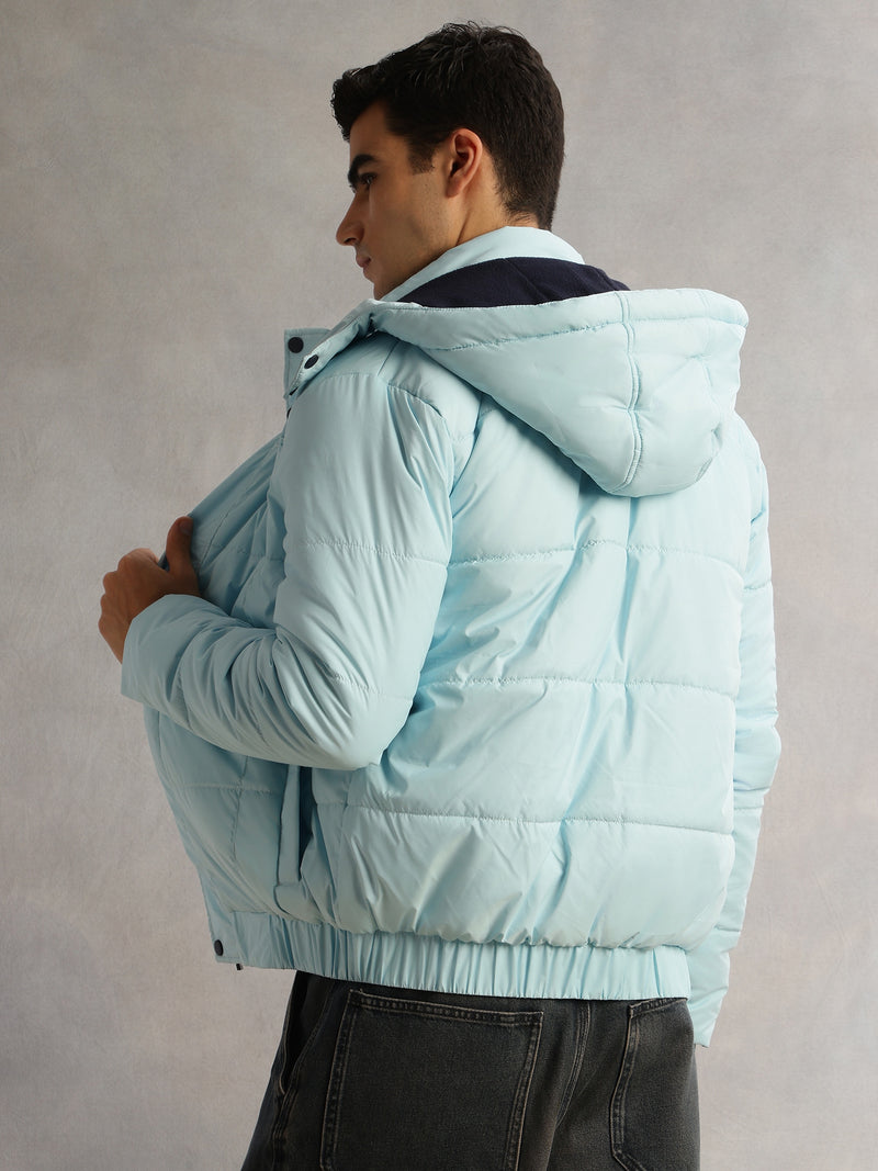 Thomas Scott Men SkyBlue Regular Fit Long Sleeves 2 Pockets Polyester Knitted Hooded Puffer Jacket