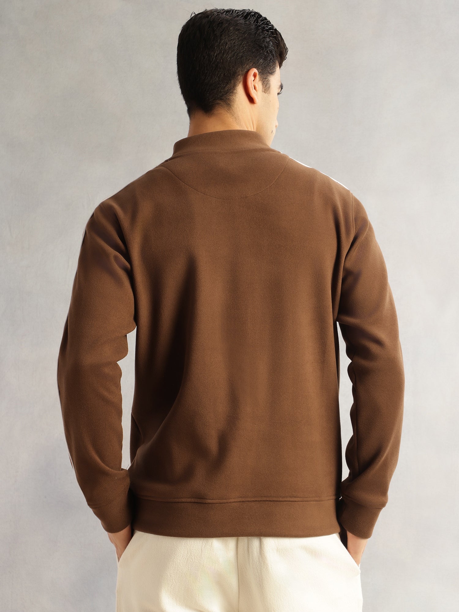 Thomas Scott Men Brown Regular Fit Long Sleeves Mandarin Collar Self Design Dry Clean Polyester Knitted Open-Front Jacket
