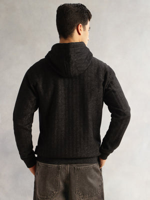 Thomas Scott Men Black Regular Fit Long Sleeves 2 Pockets Front-Open Knitted Hooded Sweatshirt
