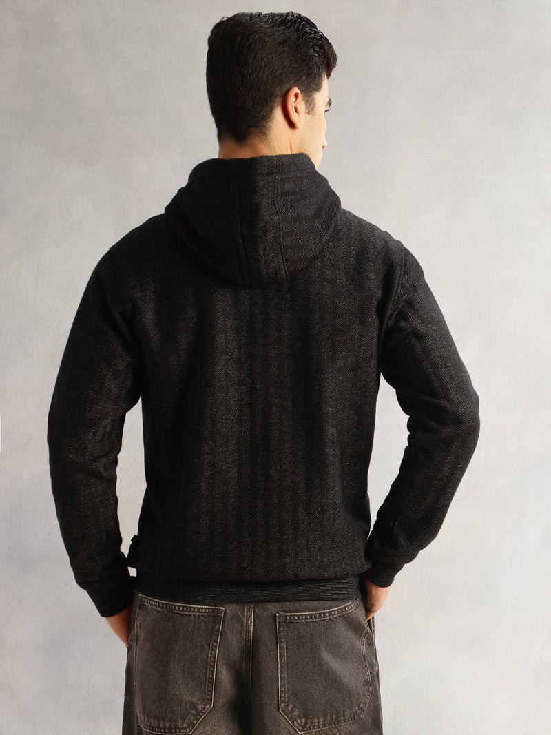 Thomas Scott Men Black Regular Fit Long Sleeves 2 Pockets Front-Open Knitted Hooded Sweatshirt