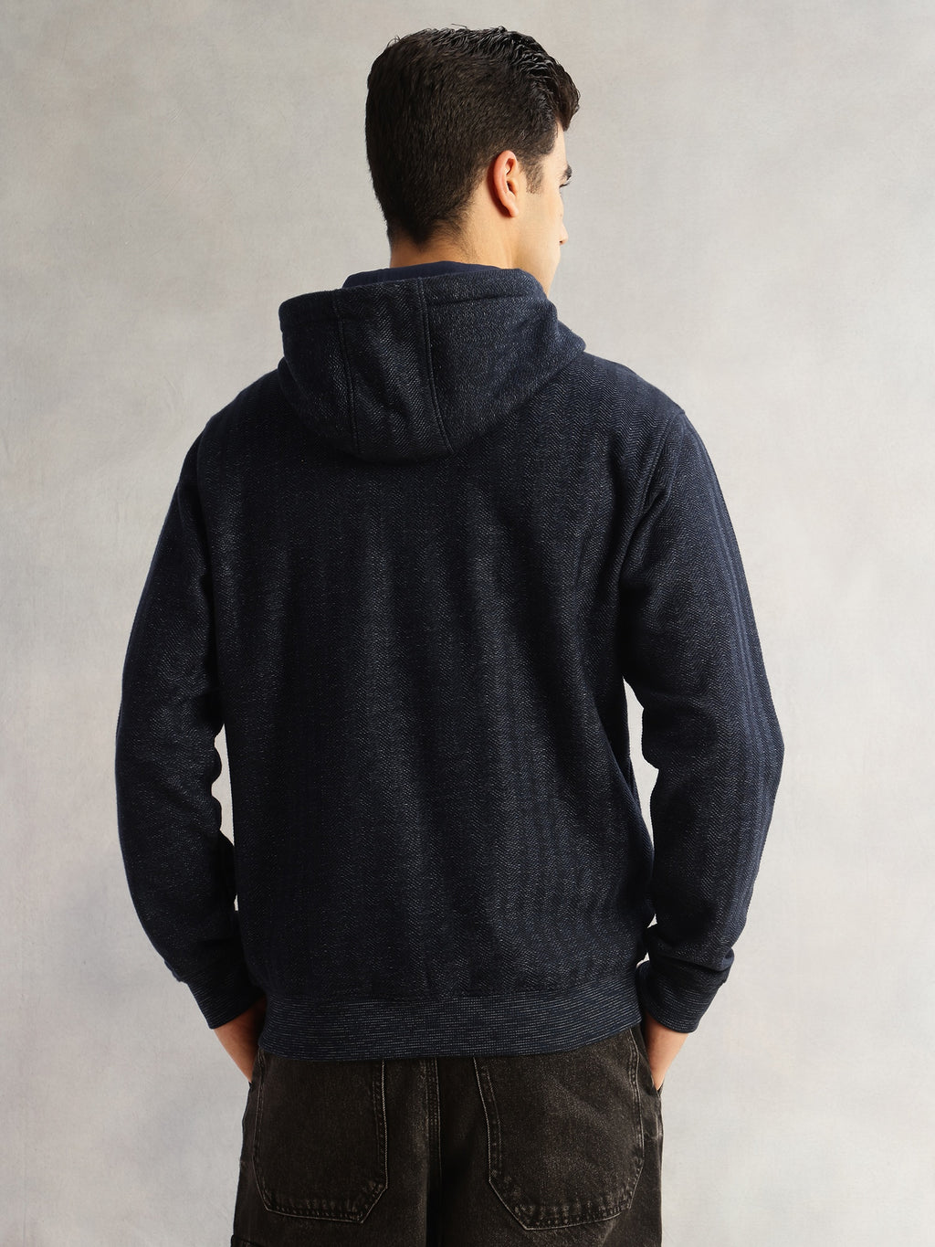 Thomas Scott Men Navy Regular Fit Long Sleeves 2 Pockets Front-Open Knitted Hooded Sweatshirt