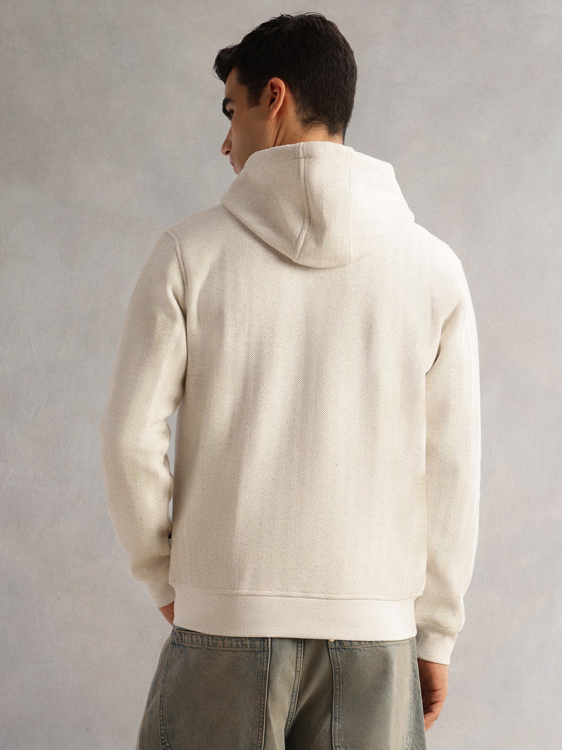 Thomas Scott Men White Regular Fit Long Sleeves 2 Pockets Front-Open Knitted Hooded Sweatshirt