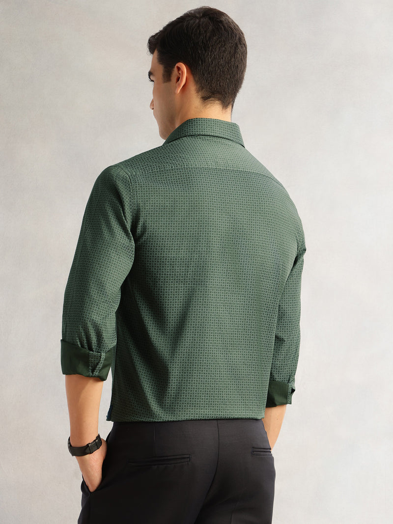 Thomas Scott Men Green Regular Fit Long Sleeves Cutaway Collar Geometric Printed 100% Cotton Satin Formal Shirt
