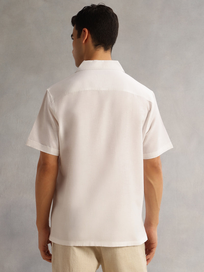 Thomas Scott Men White Oversized Fit Short Sleeves Cuban Collar Solid Cotton Linen Casual Shirt