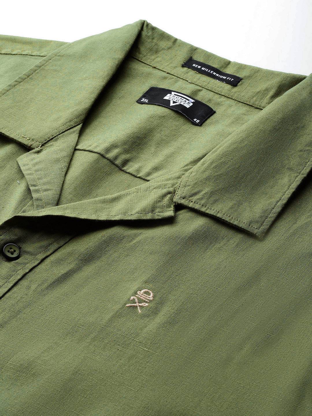 Thomas Scott Men Green Plus Size Oversized Fit Short Sleeves Cuban Collar Solid Cotton Linen Casual Shirt