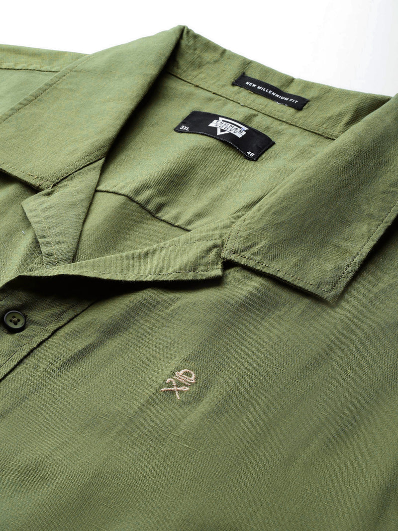 Thomas Scott Men Green Plus Size Oversized Fit Short Sleeves Cuban Collar Solid Cotton Linen Casual Shirt