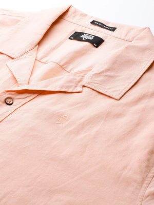 Peach Plus Size Oversized Fit Short Sleeves Cuban Collar Solid Cotton Linen Casual Shirt For Men