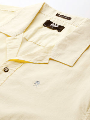 Yellow Plus Size Oversized Fit Short Sleeves Cuban Collar Solid Cotton Linen Casual Shirt For Men