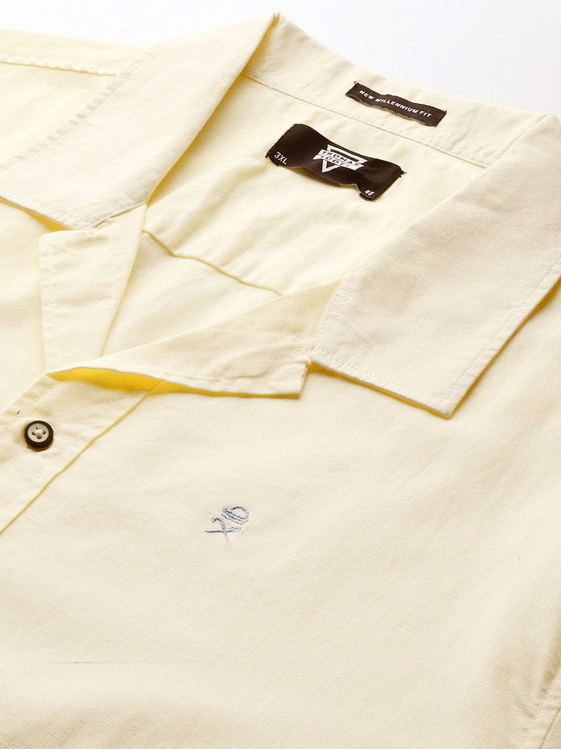Thomas Scott Men Yellow Plus Size Oversized Fit Short Sleeves Cuban Collar Solid Cotton Linen Casual Shirt