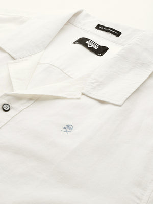 White Plus Size Oversized Fit Short Sleeves Cuban Collar Solid Cotton Linen Casual Shirt For Men