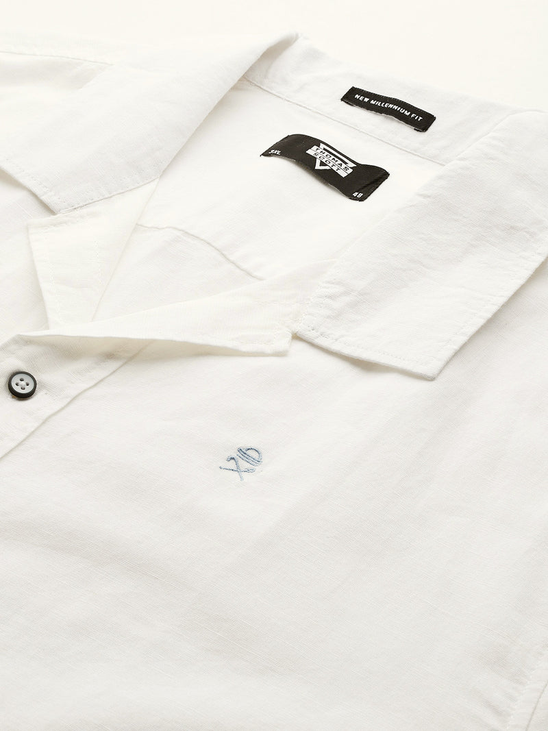 Thomas Scott Men White Plus Size Oversized Fit Short Sleeves Cuban Collar Solid Cotton Linen Casual Shirt