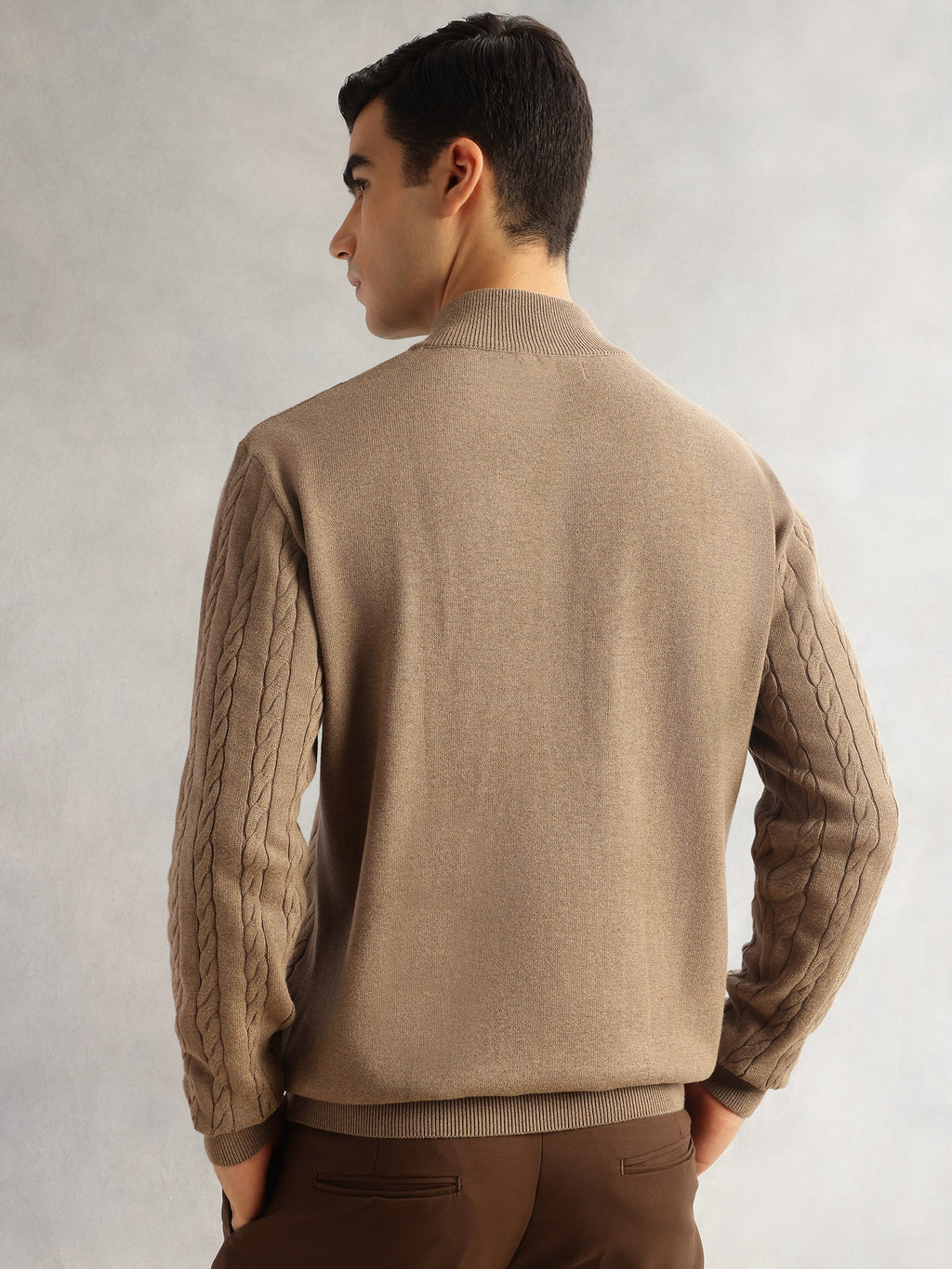 Thomas Scott Men Beige Regular Fit Long Sleeves Mock Collar Cable Knitted Pullover Sweater