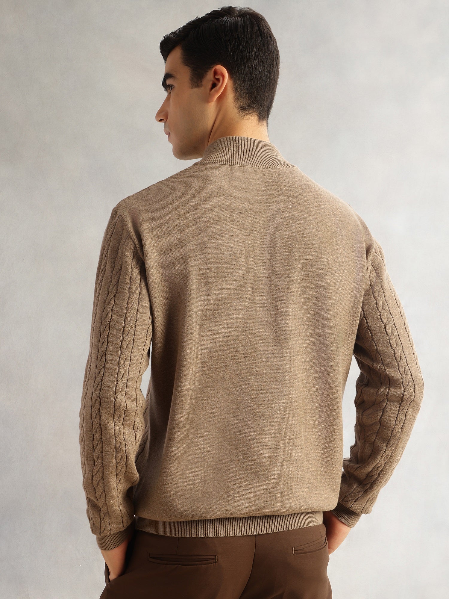 Thomas Scott Men Beige Regular Fit Long Sleeves Mock Collar Cable Knitted Pullover Sweater