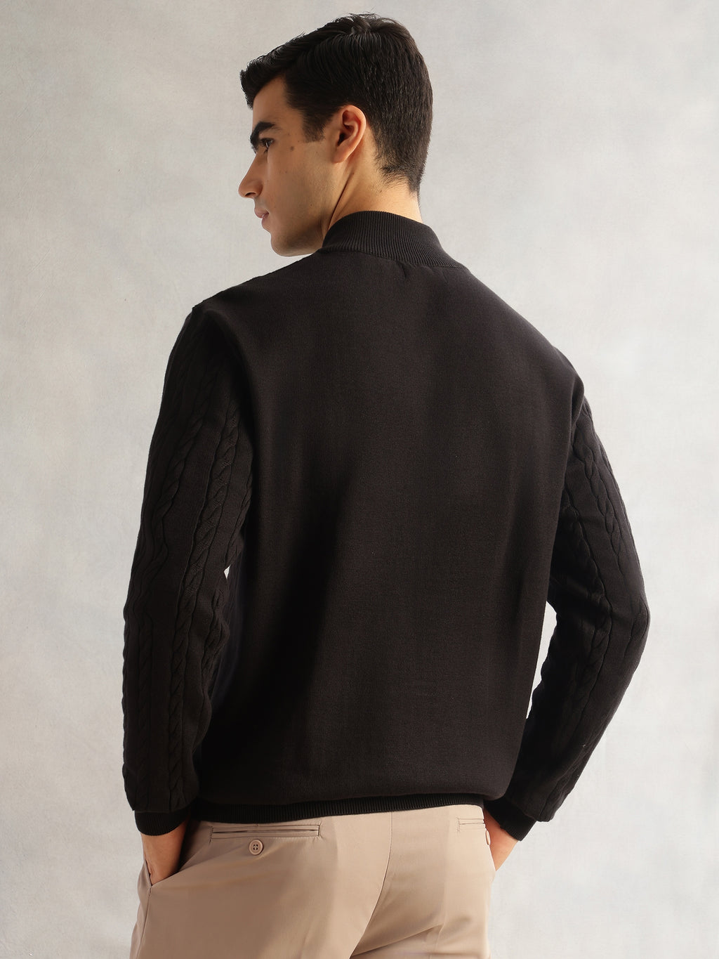 Thomas Scott Men Black Regular Fit Long Sleeves Mock Collar Cable Knitted Pullover Sweater