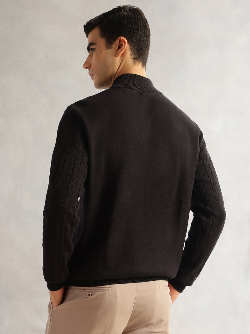 Thomas Scott Men Black Regular Fit Long Sleeves Mock Collar Cable Knitted Pullover Sweater