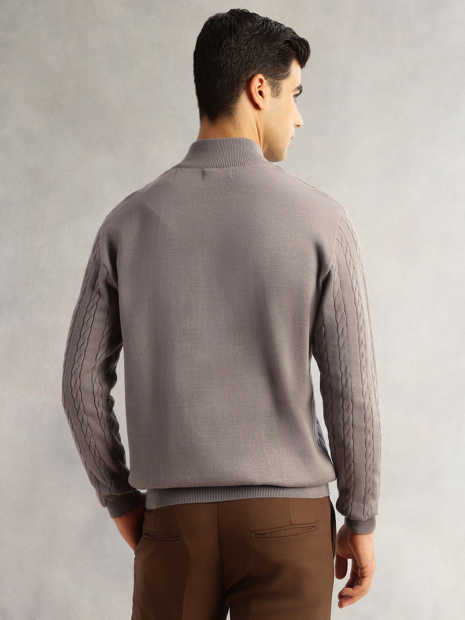Thomas Scott Men Grey Regular Fit Long Sleeves Mock Collar Cable Knitted Pullover Sweater