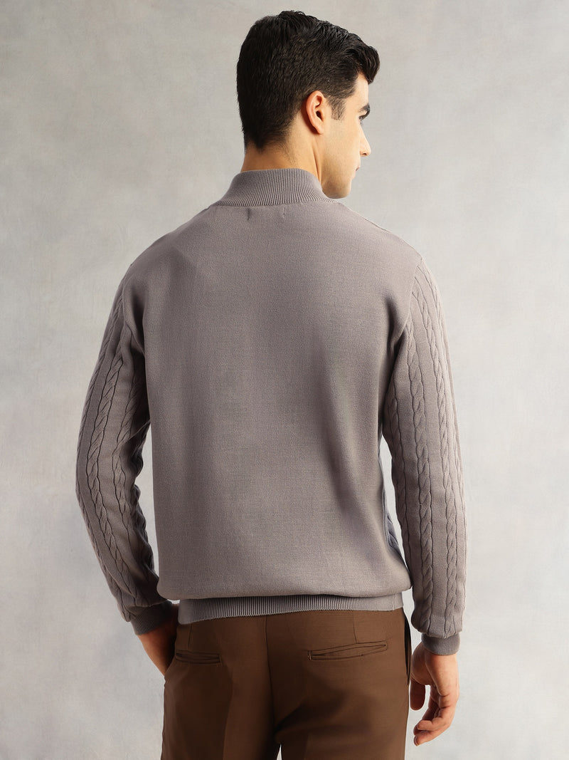 Thomas Scott Men Grey Regular Fit Long Sleeves Mock Collar Cable Knitted Pullover Sweater