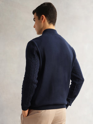 Thomas Scott Men Navy Regular Fit Long Sleeves Mock Collar Cable Knitted Pullover Sweater