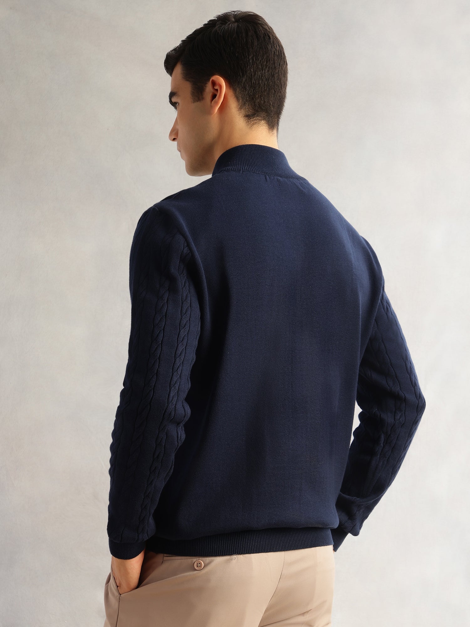Thomas Scott Men Navy Regular Fit Long Sleeves Mock Collar Cable Knitted Pullover Sweater