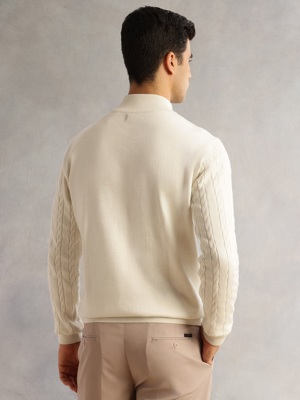 Thomas Scott Men White Regular Fit Long Sleeves Mock Collar Cable Knitted Pullover Sweater