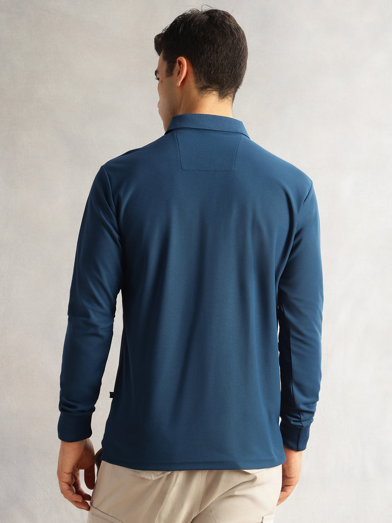 Thomas Scott Men Rama Blue Regular Fit Long Sleeves Solid Polyester Knitted Polo Collar T-shirt