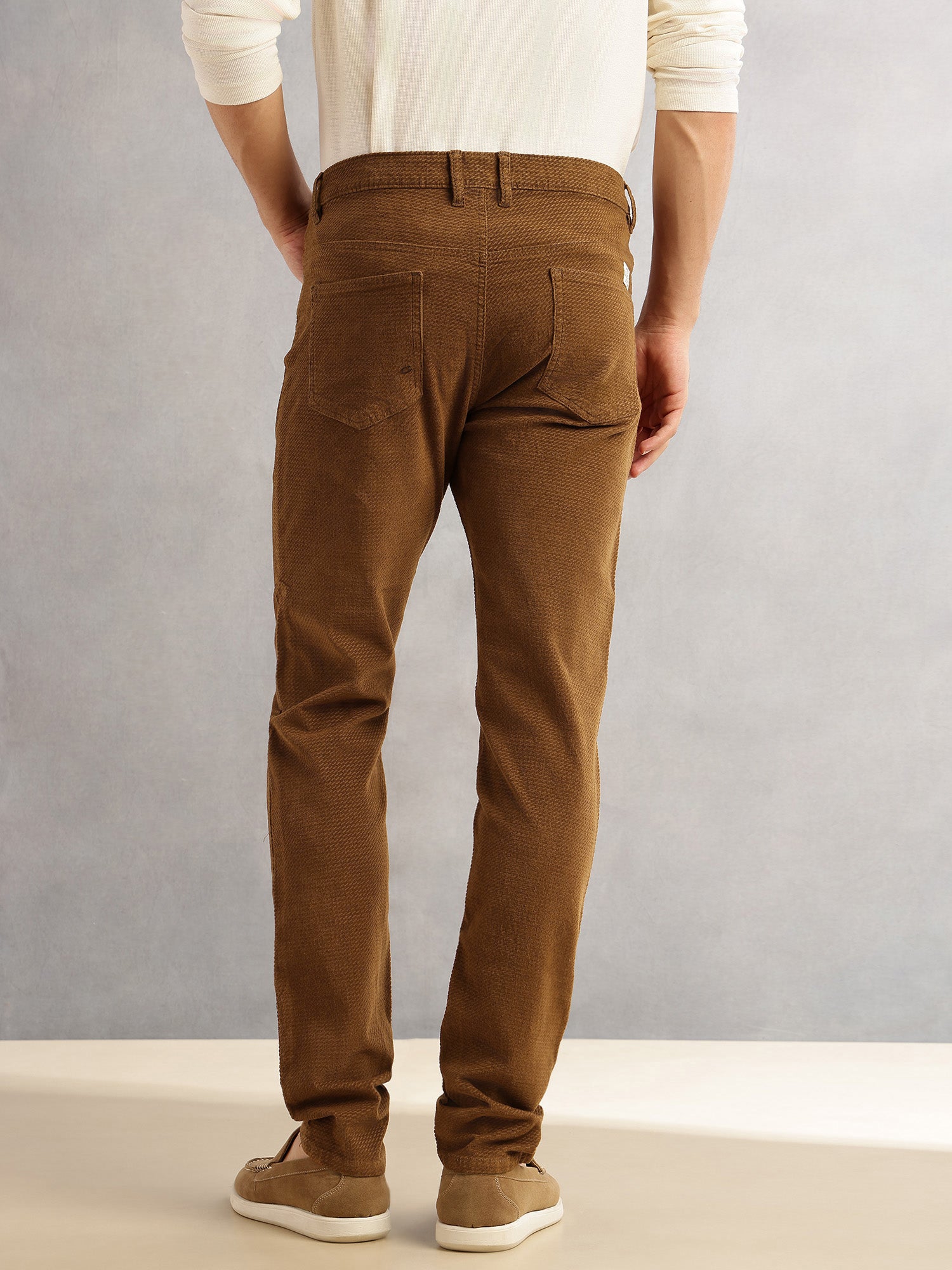 Thomas Scott Men Tan Regular Fit Mid-Rise 5 Pockets Gabbar Corduroy Chinos Trouser