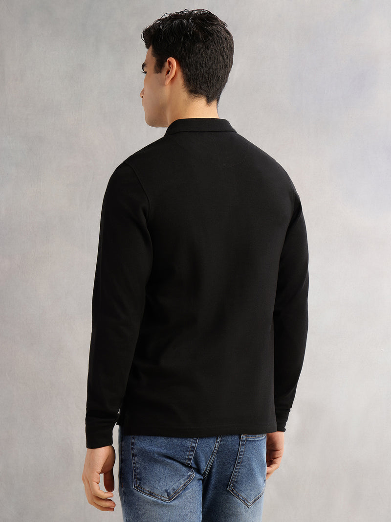 Thomas Scott Men Black Regular Fit Long Sleeves Solid Polo Collar Knitted T-shirt