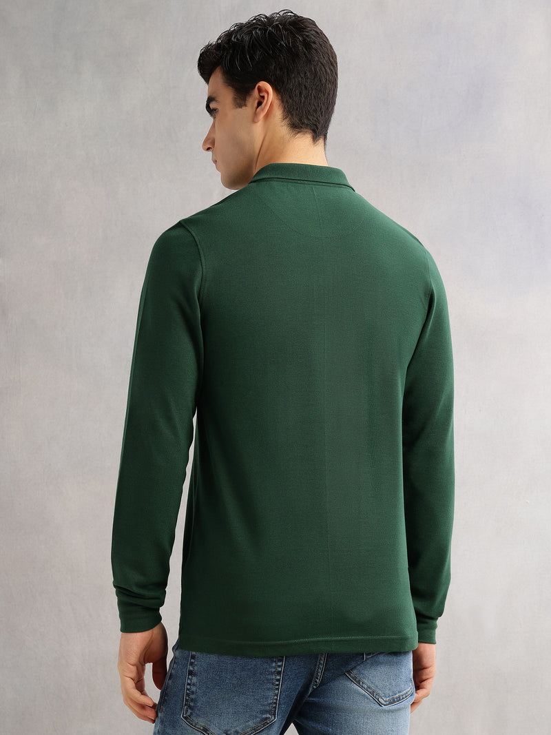 Thomas Scott Men Bottle Green Regular Fit Long Sleeves Solid Polo Collar Knitted T-shirt