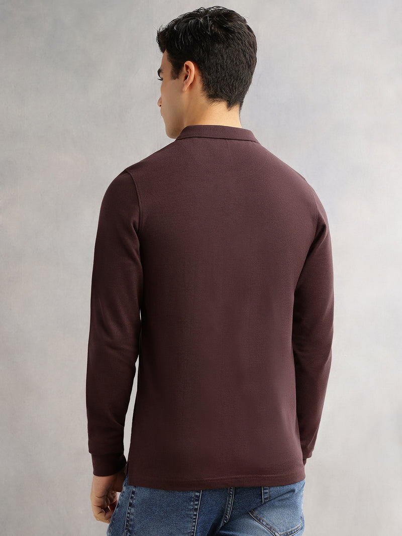Thomas Scott Men Brown Regular Fit Long Sleeves Solid Polo Collar Knitted T-shirt