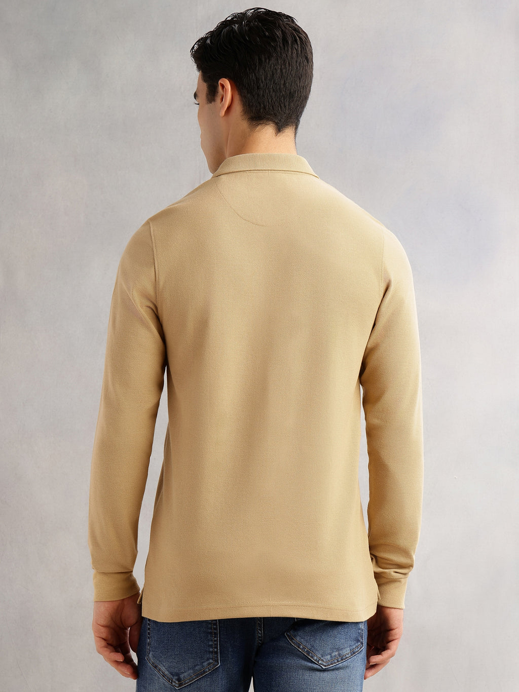 Thomas Scott Men Khaki Regular Fit Long Sleeves Solid Polo Collar Knitted T-shirt