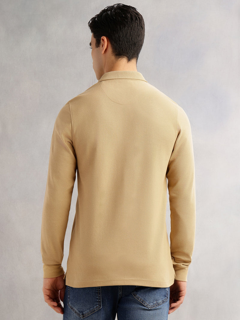 Thomas Scott Men Khaki Regular Fit Long Sleeves Solid Polo Collar Knitted T-shirt