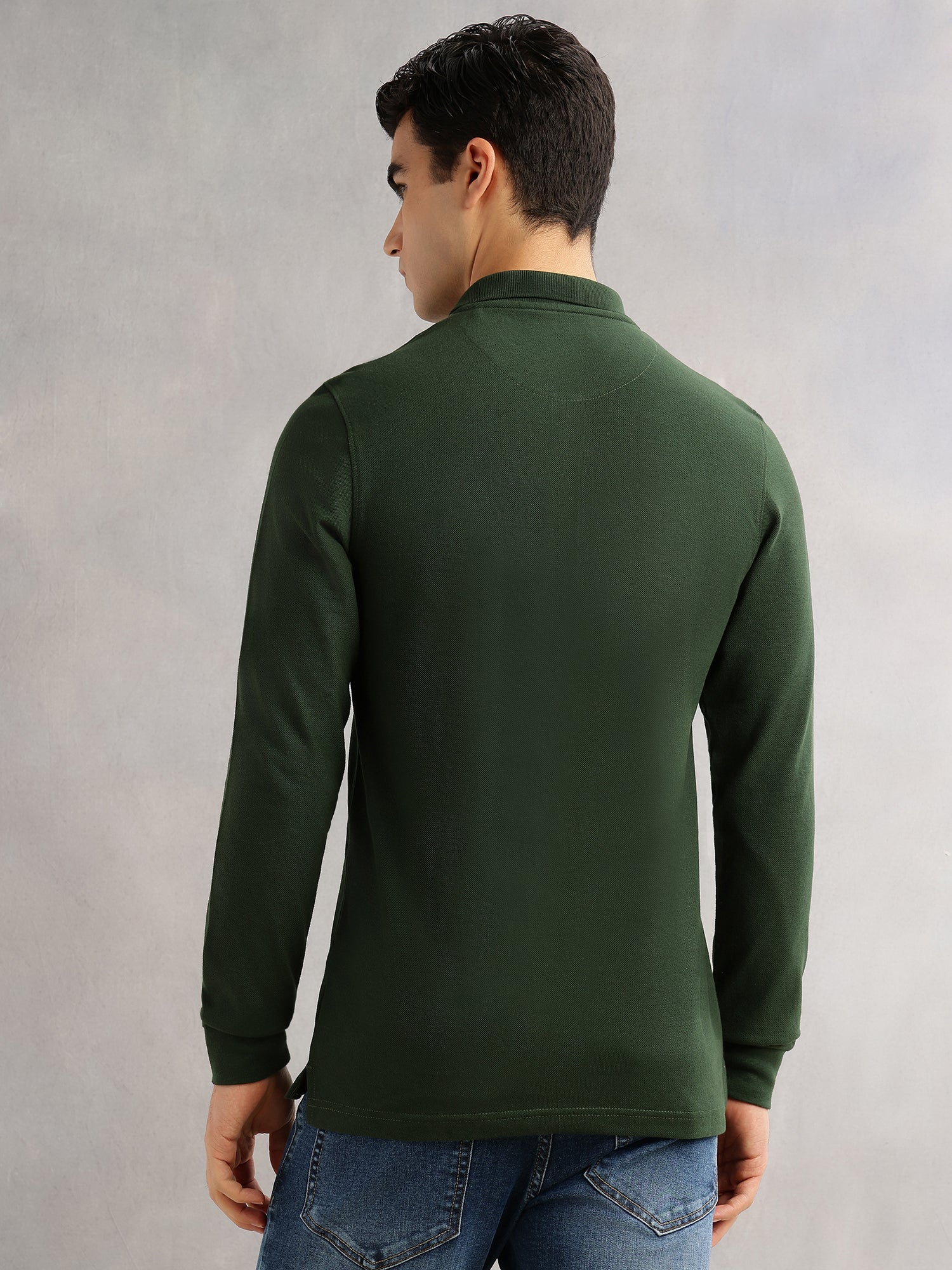 Thomas Scott Men Olive Regular Fit Long Sleeves Solid Polo Collar Knitted T-shirt