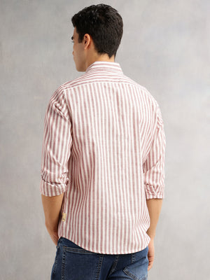 Maroon Slim Fit Long Sleeves Spread Collar Vertical Stripes Linen Casual Shirt For Men
