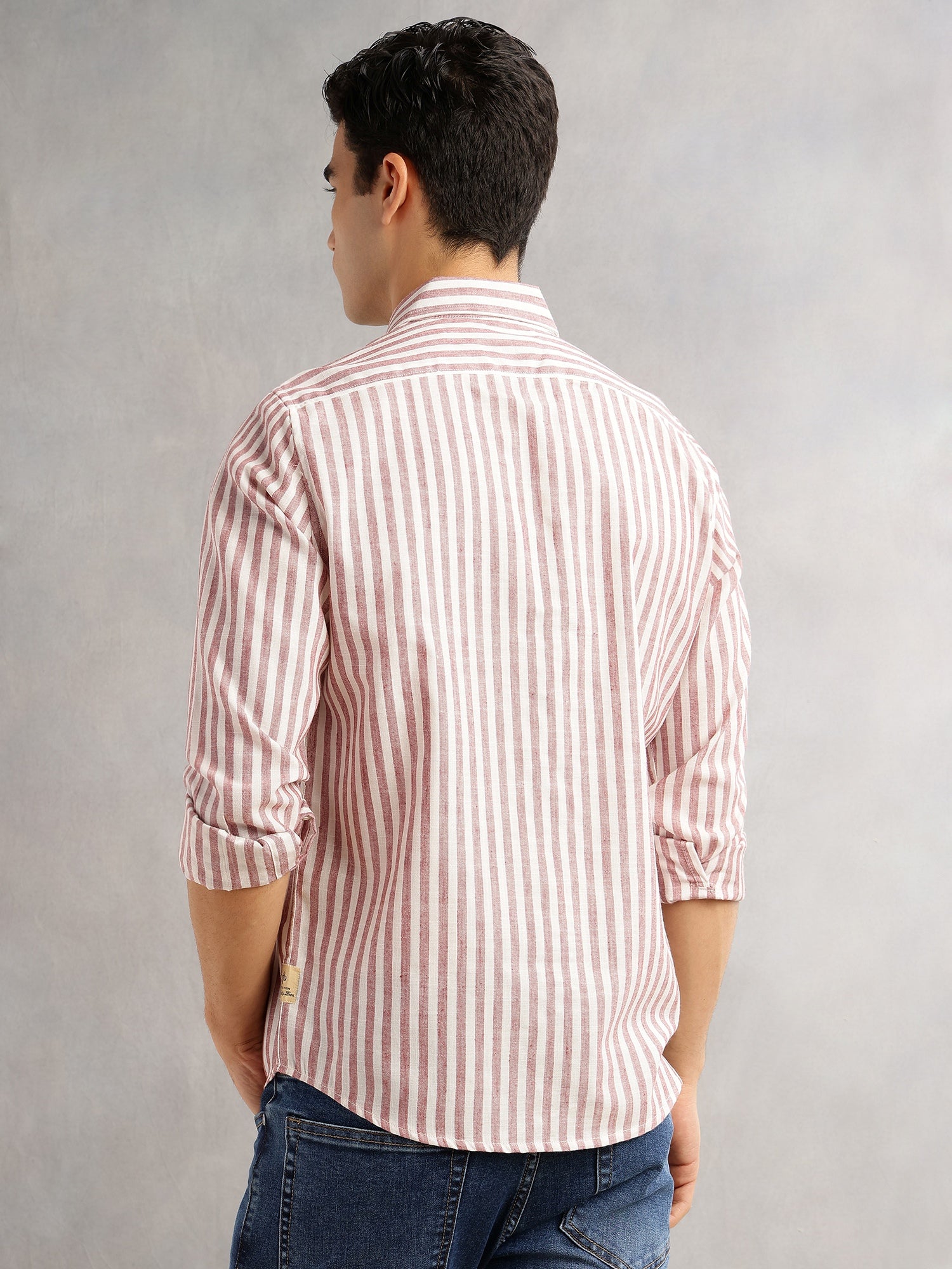 Thomas Scott Men Maroon Slim Fit Long Sleeves Spread Collar Vertical Stripes Linen Casual Shirt